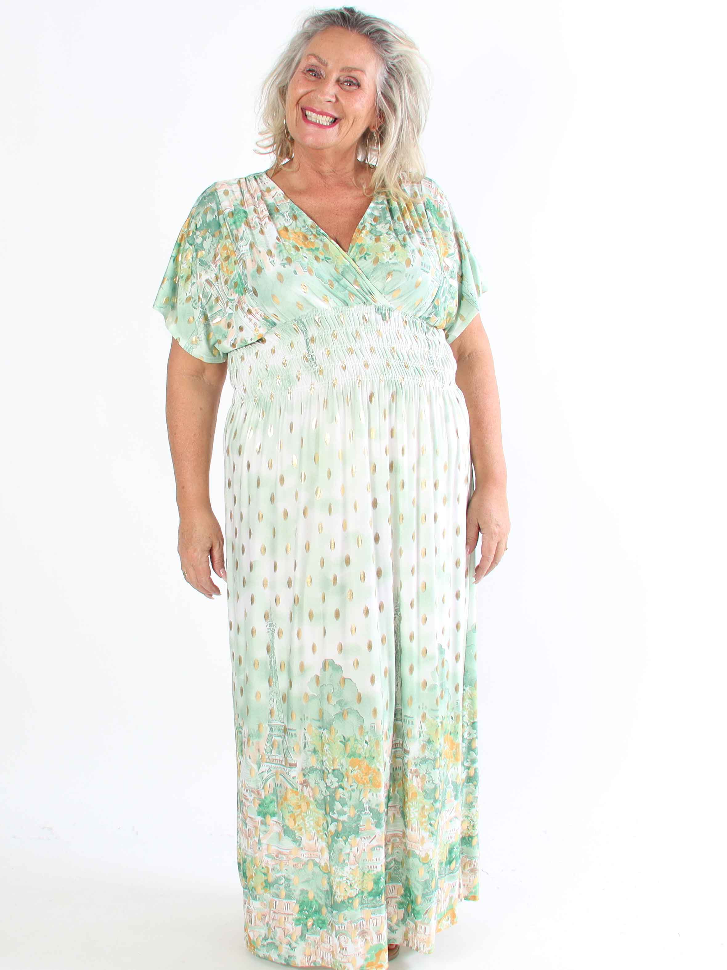 Pams Paris - Lang elastisk plus size kjole med guld dutter